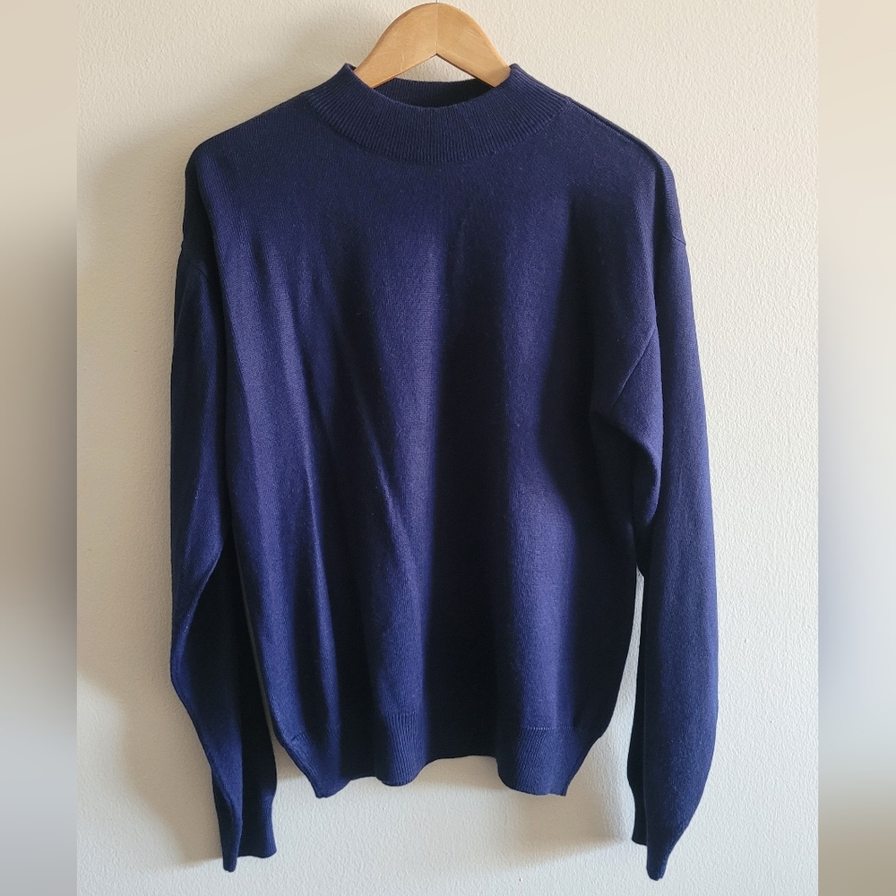 Vtg Euro Flash Mock Neck Acrylic Sweater Women's L, Rich Navy Blue